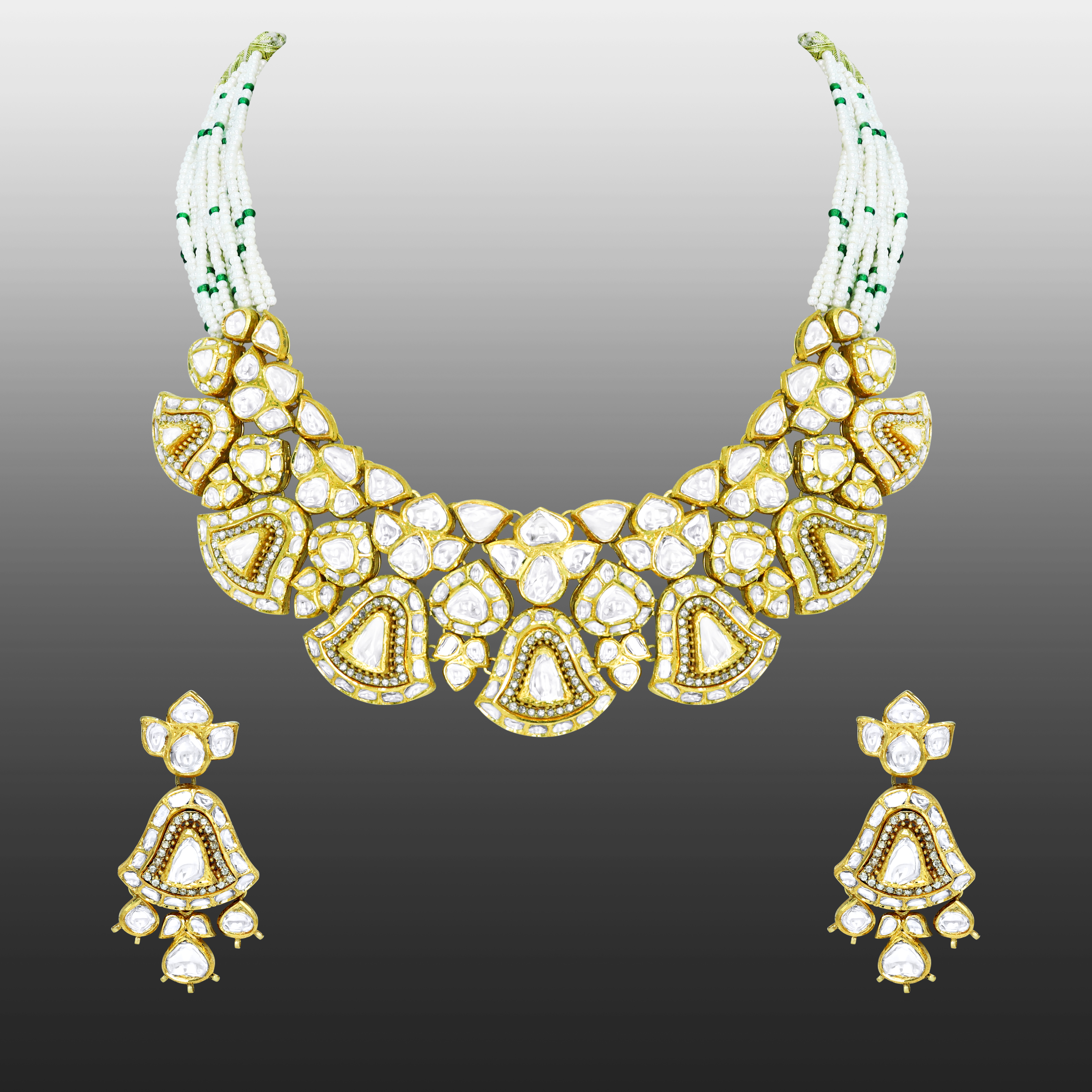 Polki Necklace Set with Fan Motifs and Matching Drops